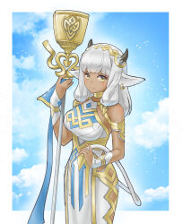 Rule 34 | 1girl, animal ears, ash (fire emblem), bare shoulders, breasts, commentary request, cow ears, cow girl, cow horns, dark-skinned female, dark skin, earrings, facing to the side, fire emblem, fire emblem heroes, fukamachica, highres, holding, holding staff, horns, jewelry, large breasts, looking at viewer, nintendo, solo, staff, white hair
