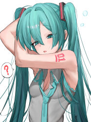 1girl ? aqua_eyes aqua_hair armpits bare_shoulders blush breasts cleavage commentary_request grey_shirt hair_between_eyes hair_ornament hatsune_miku highres kanimiso_uni long_hair number_tattoo shirt shoulder_tattoo simple_background sleeveless sleeveless_shirt small_breasts solo spoken_question_mark squeans tattoo twintails upper_body very_long_hair vocaloid white_background