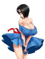 Rule 34 | 1girl, bare shoulders, black hair, blue dress, blue eyes, breasts, cleavage, covered erect nipples, covering privates, covering crotch, dress, green eyes, hair over one eye, huge breasts, off shoulder dress, one eye covered, original, polka dot, polka dot dress, ribbon, saya (twrlare), short hair, simple background, solo, twrlare, white background