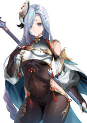 Rule 34 | 1girl, blue eyes, blue nails, bodysuit, braid, breast curtain, breasts, bridal gauntlets, calamity queller (genshin impact), chinese clothes, covered navel, cowboy shot, detached sleeves, earrings, genshin impact, gold trim, grey hair, hair ornament, harimoji, highres, hip vent, holding, holding polearm, holding weapon, jewelry, looking at viewer, low-braided long hair, low-tied long hair, medium breasts, parted lips, polearm, shenhe (genshin impact), solo, tassel, tassel earrings, weapon, white background