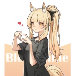 Rule 34 | 1girl, animal ear fluff, animal ears, arknights, black bow, black shirt, blemishine (arknights), blonde hair, bow, character name, extra ears, hair bow, hands up, heart, heart hands, highres, horse ears, horse girl, jiuyu qame, looking at viewer, ponytail, shirt, short sleeves, simple background, solo, t-shirt, upper body, white background, yellow eyes