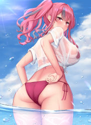 Rule 34 | 1girl, ass, azur lane, bikini, blue sky, blush, breasts, bremerton (azur lane), bubble, closed mouth, cloud, commentary, from behind, grey hair, highres, large breasts, long hair, melopun, mole, mole under eye, multicolored hair, outdoors, partially submerged, pink bikini, pink hair, see-through, shirt, short sleeves, side-tie bikini bottom, sky, streaked hair, swimsuit, thick thighs, thighs, twintails, water, wet, wet clothes, wet shirt, white shirt
