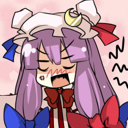 Rule 34 | 1girl, bow, capelet, crescent, earlgrey, female focus, hair bow, hat, long hair, open mouth, patchouli knowledge, purple hair, solo, touhou