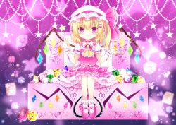 Rule 34 | 1girl, ankle socks, ascot, bad id, bad pixiv id, blonde hair, green gemstone, flandre scarlet, footwear ribbon, frilled skirt, frills, gem, hair ornament, hat, hat ribbon, highres, jewelry box, light particles, looking at viewer, luna 1025, mary janes, mob cap, puffy short sleeves, puffy sleeves, purple background, red eyes, ribbon, red gemstone, blue gemstone, shoes, short hair, short sleeves, side ponytail, sitting, sitting on object, skirt, skirt set, smile, socks, solo, star (symbol), topaz (stone), touhou, wand, wings, wrist cuffs