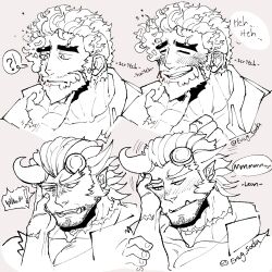 Rule 34 | !?, 3boys, = =, bara, beard, blush, broken horn, demon boy, demon horns, english text, envysoda, eyebrow cut, facial hair, feeling facial hair, fiery horns, flaming eye, furrowed brow, grabbing another&#039;s arm, greyscale with colored background, happy, hephaestus (housamo), highres, horns, large pectorals, male focus, mature male, motion lines, multiple boys, mutton chops, pectoral cleavage, pectorals, playing with another&#039;s hair, protagonist 3 (housamo), sanpaku, scar, spoken interrobang, stubble, surprised, takemaru (housamo), thick eyebrows, tokyo houkago summoners, tsundere, turn pale, upper body, v-shaped eyebrows, yaoi