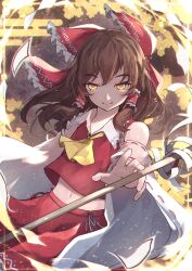 Rule 34 | 1girl, absurdres, bare shoulders, bow, brown hair, chiroru (cheese-roll), closed mouth, detached sleeves, gohei, hair bow, hair tubes, hakurei reimu, highres, japanese clothes, long hair, looking at viewer, navel, nontraditional miko, red bow, red skirt, ribbon-trimmed sleeves, ribbon trim, sidelocks, skirt, smile, solo, touhou, white sleeves, wide sleeves, yellow eyes