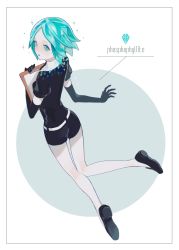 Rule 34 | 1other, absurdres, aqua eyes, aqua hair, black footwear, character name, clipboard, collared shirt, colored skin, crystal hair, elbow gloves, from above, gem uniform (houseki no kuni), gloves, highres, holding, holding clipboard, houseki no kuni, kirudai, loafers, looking at viewer, looking back, open mouth, parted bangs, phosphophyllite, puffy sleeves, reflection, shirt, shoes, short hair, short shorts, shorts, simple background, solo, white background, white skin