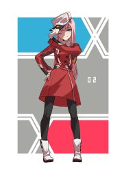 Rule 34 | 1girl, ;), absurdres, adjusting clothes, adjusting headwear, aqua eyes, black pantyhose, boots, buttons, character name, closed mouth, coat, darling in the franxx, double-breasted, eyebrows hidden by hair, eyelashes, eyeliner, facing viewer, fingernails, full body, hairband, hand on headwear, hand on own hip, hand up, hat, highres, horns, legs apart, long hair, long sleeves, looking at viewer, makeup, one eye closed, oni horns, pantyhose, pink hair, red coat, red horns, sidelocks, smile, solo, standing, straight hair, very long hair, white footwear, white hairband, white headwear, zero two (darling in the franxx)