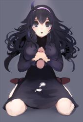Rule 34 | 10s, 1girl, @ @, ahoge, alternate breast size, artist request, bad id, bad pixiv id, black hair, breasts, creatures (company), cum, cum on clothes, disembodied penis, dress, game freak, hairband, handjob, hex maniac (pokemon), large breasts, long hair, nintendo, npc trainer, open mouth, penis, pokemon, pokemon xy, purple eyes, purple hair, sitting, solo, solo focus, uncensored, wariza