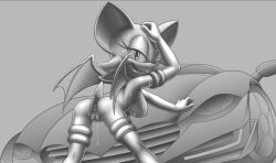 Rule 34 | 1girl, animal ears, animal nose, anus, arm up, ass, bat ears, bat girl, bat wings, boots, breasts, car, cleft of venus, elbow gloves, female focus, furry, furry female, gloves, grey background, grey theme, greyscale, half-closed eyes, hand on own head, happy, leaning forward, leaning on object, looking at viewer, looking back, medium breasts, monochrome, motor vehicle, nipples, nude, open mouth, presenting, pussy, pussy juice, rockthebull, rouge the bat, short hair, sideways mouth, smile, solo, sonic (series), sweat, thigh boots, uncensored, wings