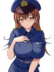 Rule 34 | 1girl, breasts, brown eyes, brown hair, hand on own chest, hat, highres, kantai collection, large breasts, montemasa, ooi (kancolle), pocket, police, police hat, police uniform, solo, uniform