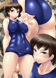 Rule 34 | 10s, 1girl, arm behind back, ass, ayato, back, blue one-piece swimsuit, blush, breasts, brown eyes, brown hair, caesar (girls und panzer), covered erect nipples, covered navel, girls und panzer, highres, large breasts, looking at viewer, multiple views, one-piece swimsuit, school swimsuit, smile, swimsuit