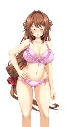 Rule 34 | 1girl, blush, bow, bow bra, bow panties, bra, breasts, brown hair, closed eyes, collarbone, frilled bra, frilled panties, frills, full body, hair intakes, half updo, hand on own hip, highres, large breasts, lingerie, long hair, looking at viewer, low-tied long hair, miyamato satsuki, mucha (muchakai), open mouth, panties, pink bra, pink panties, realive, smile, solo, underwear, underwear only, very long hair