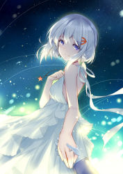 Rule 34 | 1girl, backless dress, backless outfit, bare shoulders, bison cangshu, blue eyes, braid, commentary request, dress, eyelashes, from side, gloves, hair ornament, hairclip, halterneck, holding, holding hands, holding jewelry, jewelry, necklace, night, night sky, pov, short hair, side braid, sky, smile, solo focus, sovetsky soyuz (warship girls r), sparkle, star (sky), starry sky, sundress, warship girls r, white dress, white gloves, white hair