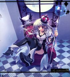 Rule 34 | 1girl, :3, absurdres, black wings, breasts, cat, chair, checkered floor, cleavage, crown, feet, floor, foot focus, foreshortening, from above, full moon, highres, izumi tsubasu, legs, long hair, looking at viewer, moon, night, perspective, scan, scan artifacts, sitting, solo focus, staff, taut clothes, white wings, window, wings