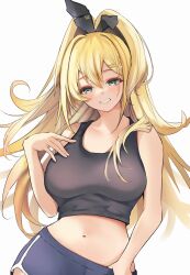 Rule 34 | 1girl, alternate costume, bare shoulders, black headwear, black tank top, blonde hair, blush, breasts, cowboy shot, goddess of victory: nikke, green eyes, grin, hair intakes, hair ornament, hairclip, hand on own chest, hand on own hip, headgear, highres, large breasts, long hair, looking at viewer, navel, njetimigamer, ponytail, rupee (nikke), short shorts, shorts, simple background, smile, solo, tank top, white background