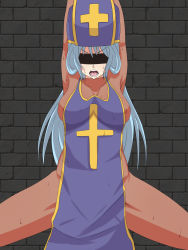 Rule 34 | aozora soda, arms up, blindfold, blue hair, blush, bodysuit, breasts, chunsoft, covered erect nipples, cross, dragon quest, dragon quest iii, enix, hat, highres, open mouth, priest (dq3), sweat, thighs