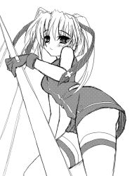 Rule 34 | 00s, 1girl, blush, breasts, frapowa, gloves, greyscale, large breasts, lyrical nanoha, mahou shoujo lyrical nanoha, mahou shoujo lyrical nanoha strikers, miniskirt, monochrome, simple background, sketch, skirt, solo, standing, teana lanster, thighhighs, twintails, white background, zettai ryouiki