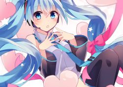 Rule 34 | 1girl, bare shoulders, black sleeves, black thighhighs, blue eyes, blue hair, blue necktie, blush, bow, collared shirt, commentary request, detached sleeves, feet out of frame, frilled shirt, frills, grey shirt, hair between eyes, hair bow, hair ornament, hands up, hatsune miku, headphones, headset, heart, highres, knees together feet apart, knees up, long hair, long sleeves, necktie, parted lips, red bow, shirt, sidelocks, sleeveless, sleeveless shirt, solo, star (symbol), thighhighs, tie clip, twintails, very long hair, vocaloid, wide sleeves, yuruno