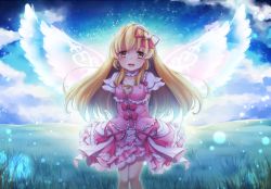Rule 34 | 1girl, :d, aikatsu!, aikatsu! (series), arm behind back, backlighting, blonde hair, blush, bow, brown eyes, chiyonekoko, choker, cloud, collarbone, commentary request, dress, earrings, frilled choker, frilled dress, frills, grass, hair ornament, head tilt, heart, heart earrings, heart hair ornament, hoshimiya ichigo, jewelry, lens flare, long hair, looking at viewer, open mouth, outdoors, pink dress, short sleeves, sky, smile, solo, standing, transparent wings, white wings, wings