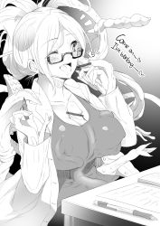 Rule 34 | 1girl, ahoge, behind another, bestiality, between breasts, blush, breasts, cleavage, coat, consensual tentacles, desk, english text, glasses, greyscale, happy, heart, holding, holding pen, interspecies, lab coat, large breasts, monochrome, one eye closed, open clothes, open coat, open mouth, original, paper, semi-rimless eyewear, sitting, solo, tentacles, tentacles under clothes, under-rim eyewear, yana (nekoarashi)