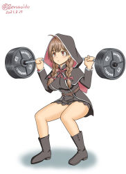 Rule 34 | 1girl, barbell, belt, black capelet, black dress, black footwear, boots, braid, breasts, brown belt, brown eyes, brown hair, capelet, commentary request, dated, dress, exercising, full body, geru, hood, hood up, hooded capelet, kantai collection, large breasts, long hair, one-hour drawing challenge, pleated dress, red ribbon, ribbon, shinshuu maru (kancolle), simple background, solo, squatting, twin braids, twitter username, weightlifting, white background