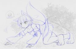 Rule 34 | 1girl, all fours, animal ears, animal hands, bare shoulders, bell, character request, commentary request, detached sleeves, dress, female focus, fox ears, fox tail, full body, kasuga yukihito, monochrome, pangya, panties, short hair, sketch, solo, strapless, strapless dress, tail, thighhighs, underwear