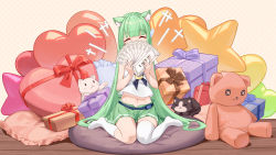 Rule 34 | 1girl, absurdres, animal ear fluff, animal ears, artist request, asymmetrical legwear, box, cat, cat ears, chinese commentary, closed eyes, commentary request, facing viewer, full body, gift, gift box, green hair, green skirt, heart-shaped box, highres, holding, long hair, midriff, moegirlpedia-tan, navel, os-tan, pillow, second-party source, sitting, skirt, socks, solo, stomach, stuffed animal, stuffed toy, teddy bear, thighhighs, wariza, white socks, white thighhighs