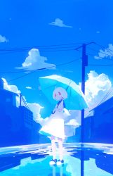 Rule 34 | 1girl, absurdres, blue sky, blue theme, building, cloud, cloudy sky, day, dress, highres, holding, holding umbrella, looking at viewer, natsu-no-kamisama, original, outdoors, power lines, red eyes, reflection, sailor collar, short hair, sky, sleeveless, sleeveless dress, solo, standing, umbrella, white dress, white hair, white umbrella, wide shot