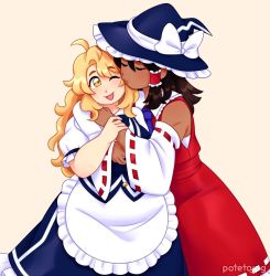 Rule 34 | 2girls, ahoge, ascot, bare shoulders, blonde hair, blue neckwear, body blush, bow, bowtie, brown hair, claud (potetew), commission, commissioner upload, dark-skinned female, dark skin, detached sleeves, closed eyes, hair tubes, hakurei reimu, happy, hat, hat theft, holding another&#039;s wrist, hug, hug from behind, kirisame marisa, kiss, kissing cheek, messy hair, multiple girls, muscular, muscular female, one eye closed, open mouth, plump, simple background, skirt, skirt set, thick eyebrows, toned, touhou, vest, wavy hair, wide hips, witch hat, yellow eyes, yuri