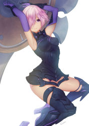 Rule 34 | 1girl, absurdres, armor, armored boots, armored dress, armpits, arms up, bare shoulders, black dress, black footwear, boots, breasts, closed mouth, dress, elbow gloves, fate/grand order, fate (series), gloves, greaves, hair over eyes, high heel boots, high heels, highres, karinto yamada, large breasts, light purple hair, looking at viewer, mash kyrielight, medium breasts, purple eyes, purple gloves, purple hair, shield, short hair, signature, simple background, sitting, sleeveless, sleeveless dress, smile, solo, thigh boots, thigh strap, thighhighs, vambraces, wariza, white background
