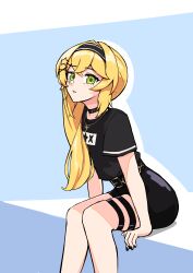 Rule 34 | 1girl, absurdres, black choker, black hairband, black nails, black shirt, black shorts, blonde hair, choker, dokibird (vtuber), feet out of frame, from side, green eyes, hair ornament, hairband, hairclip, hamh, highres, indie virtual youtuber, jewelry, long hair, looking at viewer, necklace, parted lips, shirt, short sleeves, shorts, sitting, solo, virtual youtuber