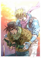 Rule 34 | 2boys, aqua eyes, aviator cap, battle tendency, blonde hair, blue gloves, blue jacket, brown hair, brown jacket, caesar anthonio zeppeli, clenched hands, clenched teeth, collared jacket, commentary request, crying, denim, facial mark, feather hair ornament, fingerless gloves, gloves, gradient background, green eyes, green gloves, hair ornament, high collar, highres, holding, jacket, jeans, jojo no kimyou na bouken, joseph joestar, joseph joestar (young), lapels, light smile, looking at another, looking down, male focus, multicolored clothes, multicolored scarf, multiple boys, no headband, pants, pink scarf, sashiyu, scarf, short hair, signature, sparkle, striped clothes, striped scarf, tears, teeth, triangle print, white pants