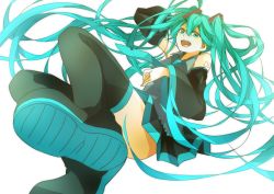 Rule 34 | 1girl, aqua eyes, aqua hair, bad id, bad pixiv id, boots, detached sleeves, foreshortening, full body, hatsune miku, long hair, necktie, onka0611, open mouth, skirt, solo, thigh boots, thighhighs, transparent background, twintails, very long hair, vocaloid