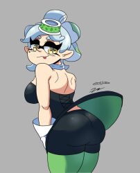 Rule 34 | 1girl, ass, bare arms, bare shoulders, bike shorts, black dress, bow-shaped hair, detached collar, dress, earrings, food, food on head, gloves, green pantyhose, hoop earrings, inkling, jewelry, lonercroissant, marie (splatoon), nintendo, object on head, pantyhose, pointy ears, short dress, short ponytail, shorts under dress, solo, splatoon (series), strapless, strapless dress, sushi, swept bangs, tentacle hair, white gloves, yellow eyes