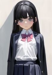 Rule 34 | 1girl, ai-assisted, bad id, bad twitter id, black hair, black jacket, breast pocket, breasts, buttons, character request, closed mouth, collared shirt, commentary, copyright request, eyelashes, gotenmocha, grey eyes, highres, jacket, long hair, looking at viewer, necktie, open clothes, open jacket, pleated skirt, pocket, school uniform, shirt, skirt, small breasts, solo, symbol-only commentary, white shirt