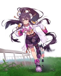 Rule 34 | 2girls, animal ears, asymmetrical footwear, bandaged leg, bandages, bandaid, bandaid on face, bandaid on nose, black hair, blurry, blurry background, boots, breasts, chest sarashi, clenched hands, coat, crop top, gloves, grass, highres, horse ears, horse girl, horse tail, long hair, long sleeves, midriff, multiple girls, narita brian (umamusume), open clothes, open coat, outdoors, pink gloves, plaid, plaid skirt, ponytail, renma (renma 0503), rope, sarashi, shimenawa, shirt, skirt, small breasts, solo focus, tail, thigh boots, twitter username, umamusume, uneven footwear, v-shaped eyebrows, white coat, white shirt, yellow eyes