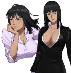 Rule 34 | 1girl, arms at sides, bad id, bad twitter id, black dress, black hair, blue eyes, breasts, breikka, cleavage, closed mouth, collarbone, collared shirt, cropped torso, dress, dress shirt, elbow rest, floating hair, hand on own chin, hand on own face, hand up, head rest, large breasts, light smile, lips, long sleeves, looking afar, looking at viewer, medium hair, nico robin, one piece, plunging neckline, purple shirt, shirt, simple background, tan, upper body, white background, wind