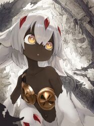 Rule 34 | 1girl, :o, absurdres, black skin, bright pupils, claws, collarbone, colored skin, ears down, extra arms, faputa, highres, made in abyss, monster girl, navel, ninney5, open mouth, outie navel, single strap, solo, white fur, white hair, white pupils, yellow eyes