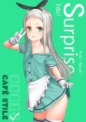 Rule 34 | 1boy, apron, black hairband, blend s, clothes lift, crossdressing, dress, dress lift, english text, eyebrows, frills, gloves, green background, green dress, green eyes, green shirt, green skirt, hair ornament, hair ribbon, hairband, highres, kanzaki hideri, lifted by self, long hair, male focus, ribbon, shirt, silver hair, single bare shoulder, skirt, solo, thighhighs, trap, v, vivaleth, waist apron, white gloves, white thighhighs