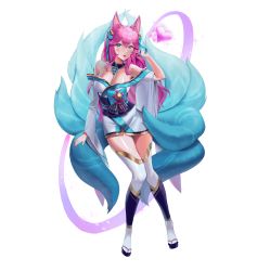 Rule 34 | 1girl, absurdres, ahri (league of legends), animal ears, bell, blue eyes, breasts, choker, cleavage, fox ears, fox tail, highres, japanese clothes, kimono, korean clothes, league of legends, nail polish, pink hair, spirit blossom ahri, tagme, tail, thighhighs