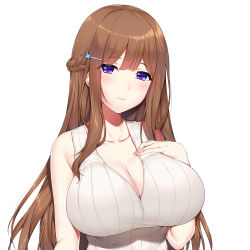 Rule 34 | 1girl, absurdres, blue eyes, braid, breasts, brown hair, cleavage, diletta, hair ornament, hairclip, hand up, highres, large breasts, long hair, looking at viewer, original, simple background, smile, solo, upper body, white background
