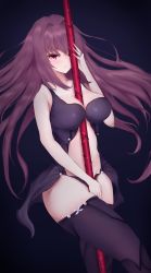 Rule 34 | 1girl, adapted costume, babydoll, between breasts, breasts, fate/grand order, fate (series), gae bolg (fate), gunbam sonyeon, highres, large breasts, long hair, looking at viewer, polearm, purple hair, red eyes, scathach (fate), solo, spear, thighhighs, weapon