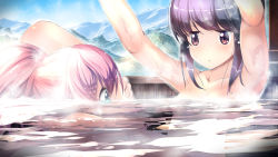 Rule 34 | 2girls, armpits, arms up, blue eyes, blue sky, blush, breasts, brown eyes, commentary request, day, eye contact, gc3, highres, kagamihara nadeshiko, long hair, looking at another, mountain, multiple girls, nude, onsen, outdoors, parted lips, partially submerged, pink hair, ponytail, profile, purple hair, shima rin, sky, small breasts, wet, yurucamp