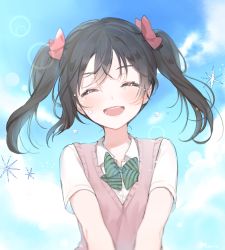 Rule 34 | 10s, 1girl, :d, ^ ^, bad id, bad pixiv id, black hair, blazer, blush, bow, cardigan, closed eyes, cloud, day, closed eyes, green bow, hair bow, jacket, lens flare, love live!, love live! school idol project, marin (myuy 3), open mouth, short hair, sky, smile, solo, sweater vest, tears, twintails, yazawa nico