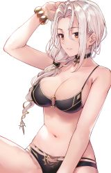 Rule 34 | 1girl, absurdres, arm up, bare shoulders, bikini, black bikini, black cola, bracelet, breasts, brown eyes, carmilla (fate), carmilla (swimsuit rider) (fate), carmilla (swimsuit rider) (third ascension) (fate), choker, cleavage, closed mouth, collarbone, fate/grand order, fate (series), hair over shoulder, highres, jewelry, large breasts, long hair, looking at viewer, navel, parted bangs, sidelocks, silver hair, simple background, solo, stomach, swimsuit, thighs, white background