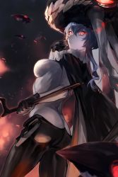 Rule 34 | 1girl, abyssal ship, bad id, bad twitter id, breasts, butt crack, cane, cowboy shot, duplicate, enemy aircraft (kancolle), fukazaki, glowing, glowing eyes, hair between eyes, highres, holding, holding cane, kantai collection, long hair, medium breasts, pale skin, red eyes, solo, white hair, wo-class aircraft carrier