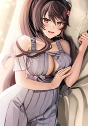 Rule 34 | 1girl, alternate costume, bed, breasts, brown eyes, brown hair, cherry blossoms, cleavage, collarbone, cowboy shot, flower, hair flower, hair ornament, highres, kantai collection, large breasts, long hair, looking at viewer, lying, nightgown, on side, pillow, ponytail, sleepwear, smile, solo, yamato (kancolle), yunamaro