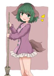 Rule 34 | 1girl, :3, :d, absurdres, animal ears, blush, broom, chups, dog ears, dress, fang, feet out of frame, green eyes, green hair, highres, holding, holding broom, kasodani kyouko, long sleeves, looking at viewer, open mouth, short hair, smile, solo, standing, tail, touhou
