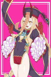 Rule 34 | 1girl, black dress, black hat, blonde hair, braid, china dress, chinese clothes, cleavage cutout, clothing cutout, cosplay, covered navel, dress, facial mark, fate/grand order, fate (series), forehead mark, hair pulled back, hat, heroic spirit festival outfit, horns, ibaraki douji (fate), jiangshi, long hair, long sleeves, ofuda, oni, open mouth, outstretched arms, peacock feathers, pelvic curtain, pink background, pix425, pointy ears, qingdai guanmao, short dress, shuten douji (fate), shuten douji (fate) (cosplay), shuten douji (festival outfit) (fate), side slit, skin-covered horns, smile, solo, tattoo, thighs, twin braids, wide sleeves, yellow eyes, zombie pose